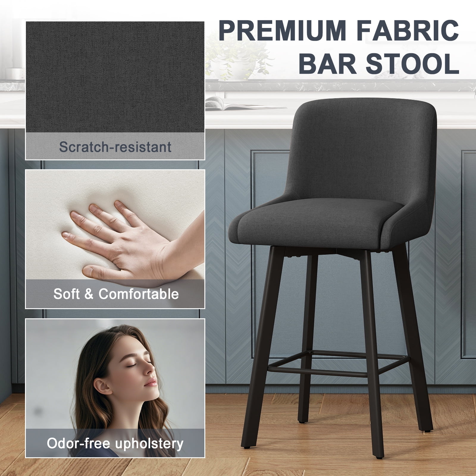 MultiHaven 26.1-Inch Bar Stools Set of 3,Swivel Counter Height Bar Stool with Back & Metal Legs,Fabric Island Chairs Suitable for Kitchen,Bar,Cafe - Black Gray