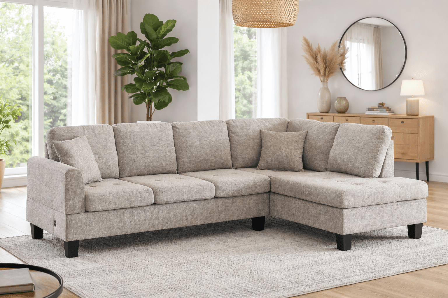 K-Living Almond Fabric Sectional with Two Accent Pillows