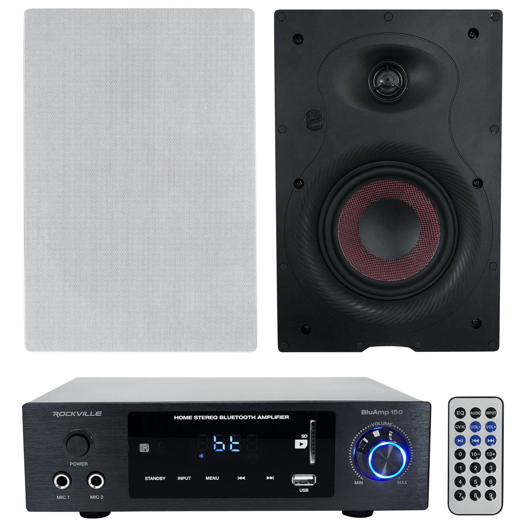 Rockville BLUAMP 150 Home Stereo Bluetooth Amp Receiver+2) 6.5" In-Wall Speakers