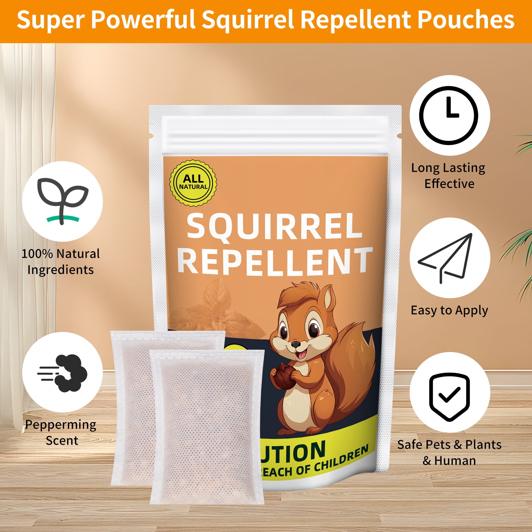 Paddsun 10-Pack Squirrel Repellent Pouches, Natural Peppermint Deterrent for Attic, Car & Garden Safe for Pets Plants & Humans Long-Lasting Chipmunk Control