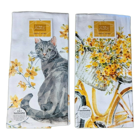 Set of 2 SWEET HOME Cat & Bike Floral Terry Kitchen Towels by Kay Dee Designs