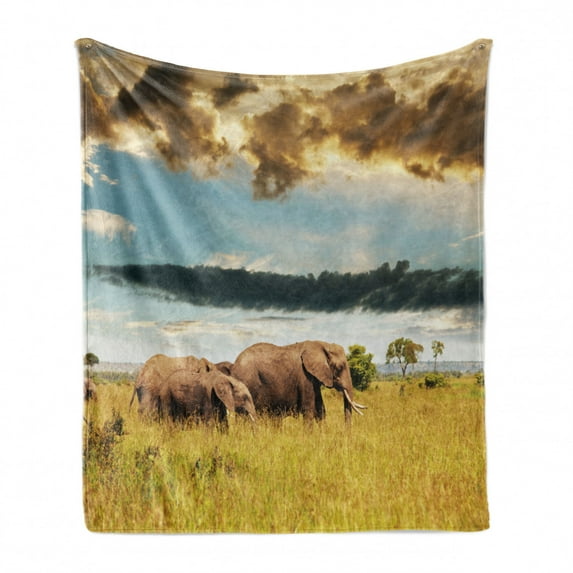 Safari Soft Flannel Fleece Throw Blanket, Big Savannah Family with Dark Cloudy Dramatical Sky Grassland, Cozy Plush for Indoor and Outdoor Use, 60" x 80", Grey Yellow Blue, by Ambesonne