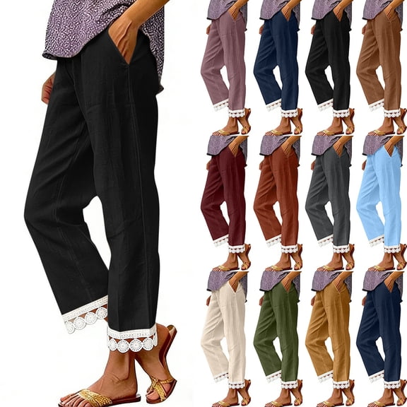 Summer Casual Pants for Womens Plus Size Fashion Cotton and Linen Solid Color Ruffle Elastic Waist High Waist Long Pants