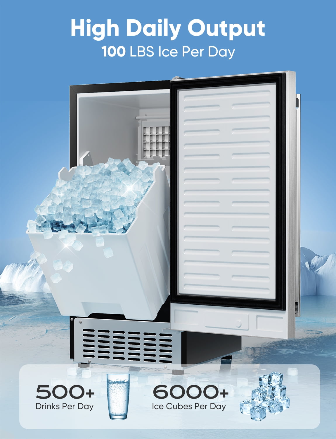 Coolski 15" W Commercial Under Counter Ice Maker, 100 lbs/Day, Bulit-in Machine