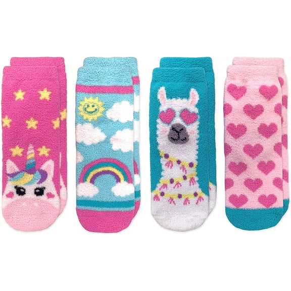 Jefferies Socks Girls Socks, 4 Pack Unicorn Rainbow Llama Hearts Fuzzy Slipper Socks with Grippers (Little Girls & Big Girls)