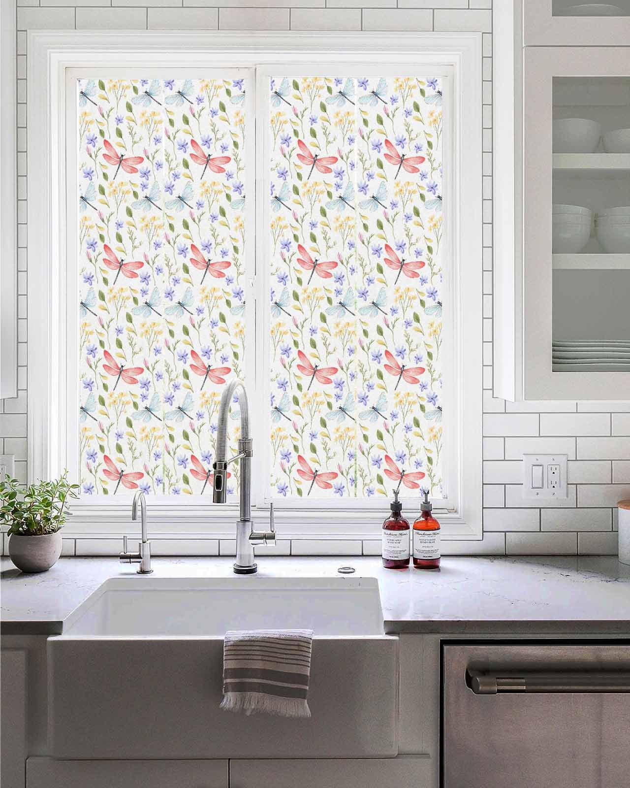Window Privacy Film Botanical Flowers Stained Glass Window Film Decorative Sun Block Window Cover Spring Pink Dragonfly Pastoral Window Clings Static Adhesive Sticker for Bathroom 19.6"x39.3"