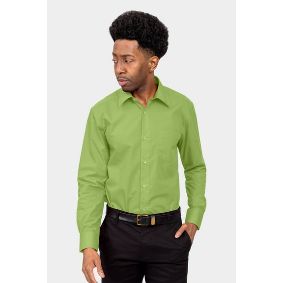 G-Style USA Men's Regular Fit Long Sleeve Solid Color Dress Shirts - Apple Green - Large - 16-16.5 - 34-35