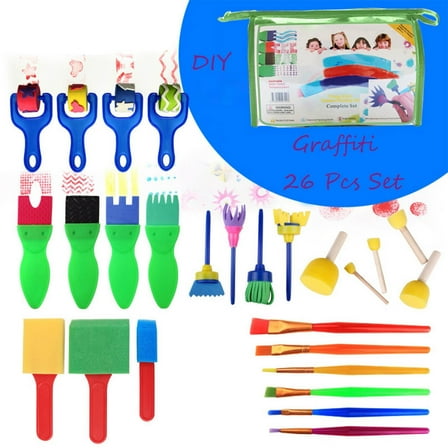KidsPainting Set under $5! XqxayjrKidsSponge Painting Set 26 Pieces, Early Learning Art Supplies Brush Set, DIY Graffiti Tools forChildre, Creative Craft Kit for Toddlers