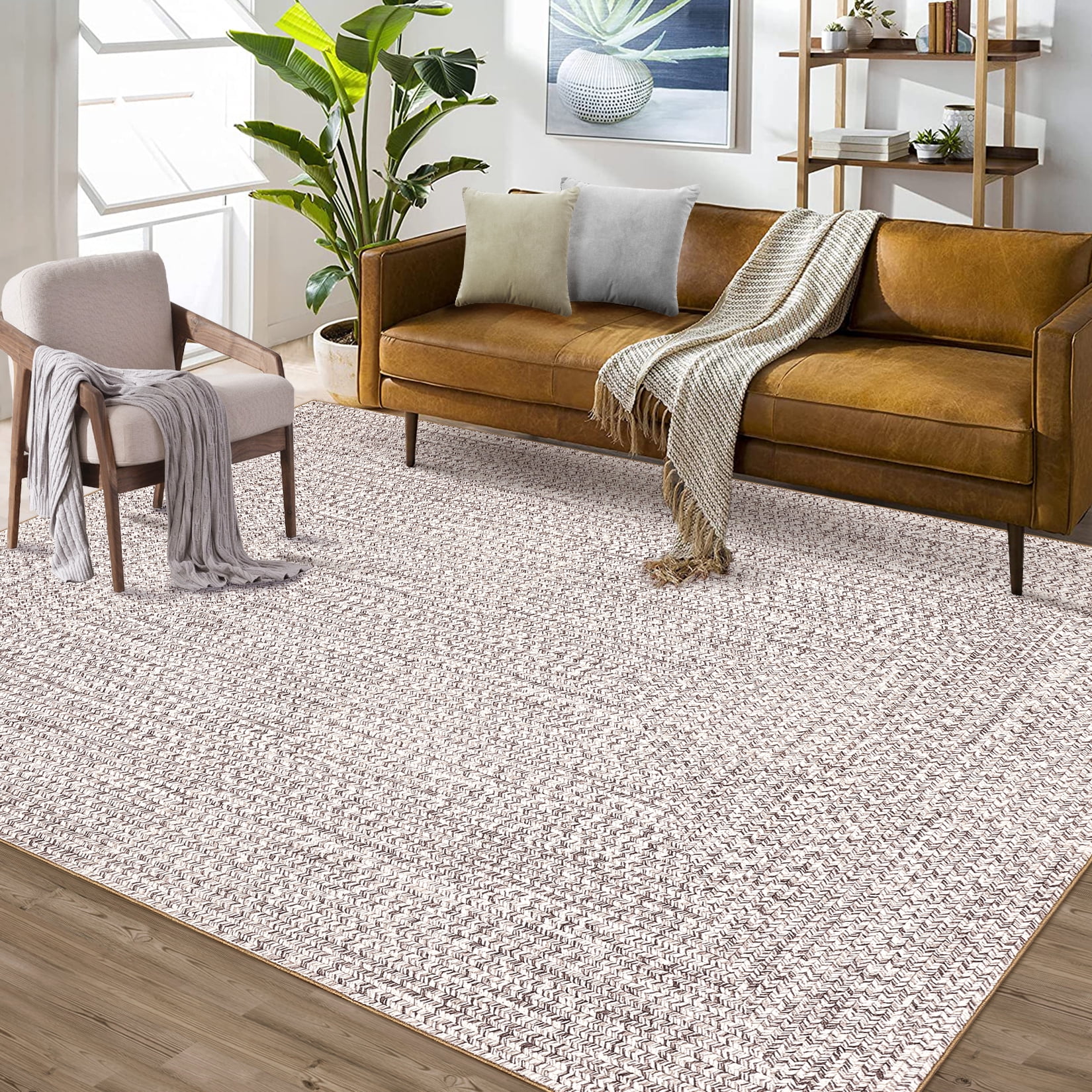 Garvee 3'x5' Area Rugs Braided Print Rugs, Machine Washable Indoor Rug Non-Slip Low Pile Farmhouse Solid Carpet for Bedroom, Living Room, Dining Room Office, Beige