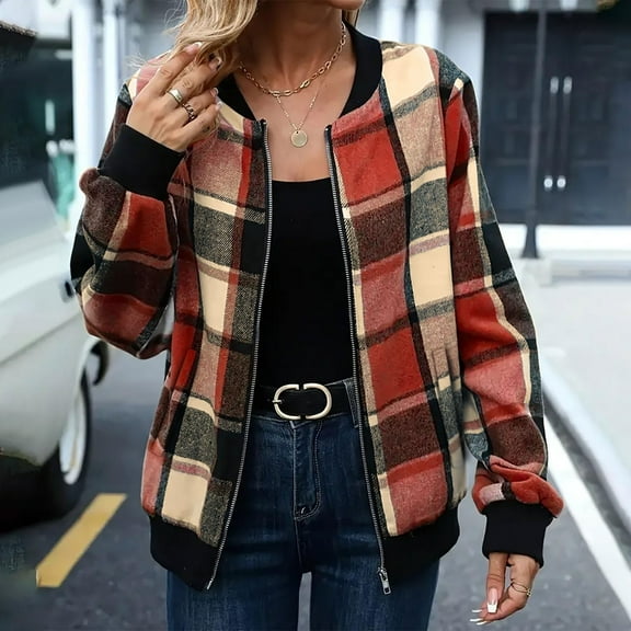 KANG Casual Plaid Baseball Jacket With Zipper women fall clothes Autumn Winter Outerwear For Daily Commute And Street Style