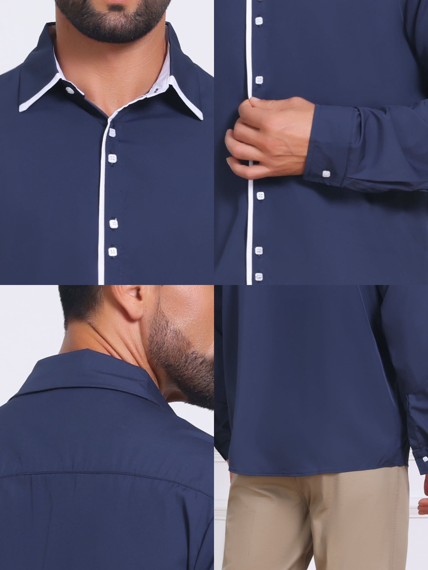 DARING DIVA Men's Contrast Trim Long Sleeve Button Down Formal Shirts 2XL Dark Blue