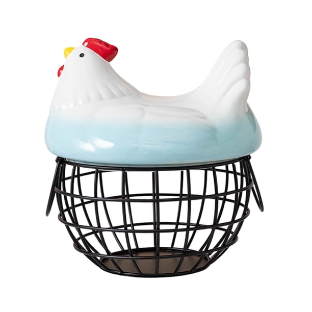 Cesta para huevos de gallina, frutero con tapa de cerámica con forma de gallina, cesta decorativa para guardar huevos. Azul negro