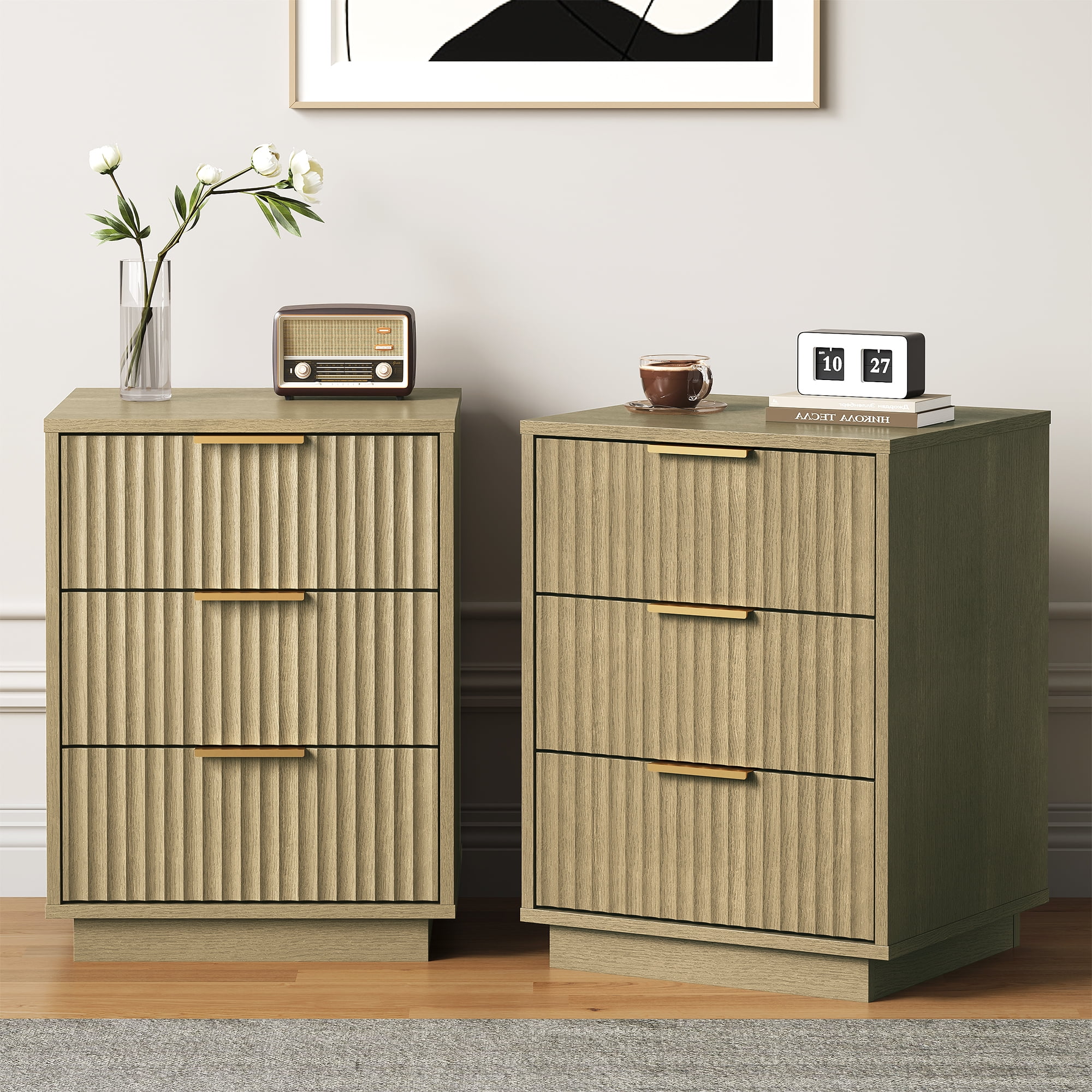 Heynemo Low 3-Drawer Dresser, Modern Storage Cabinet with Wavy Drawers for Bedroom, Hallway, or Living Room, Natural