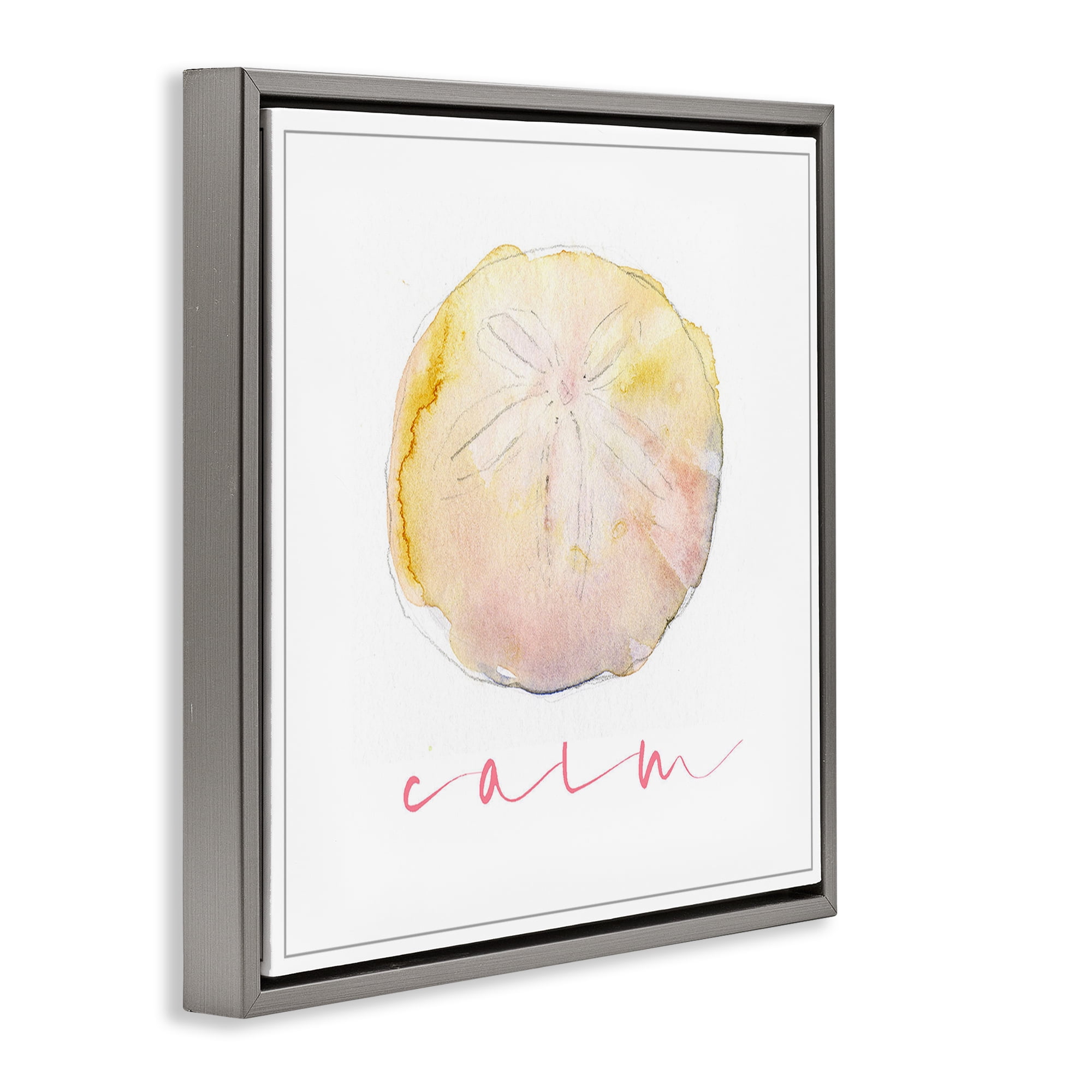 Stupell Industries Sand Dollar Calm Phrase Nautical & Beach Painting Gray Floater Framed Canvas Art Print Wall Art, 18 x 18