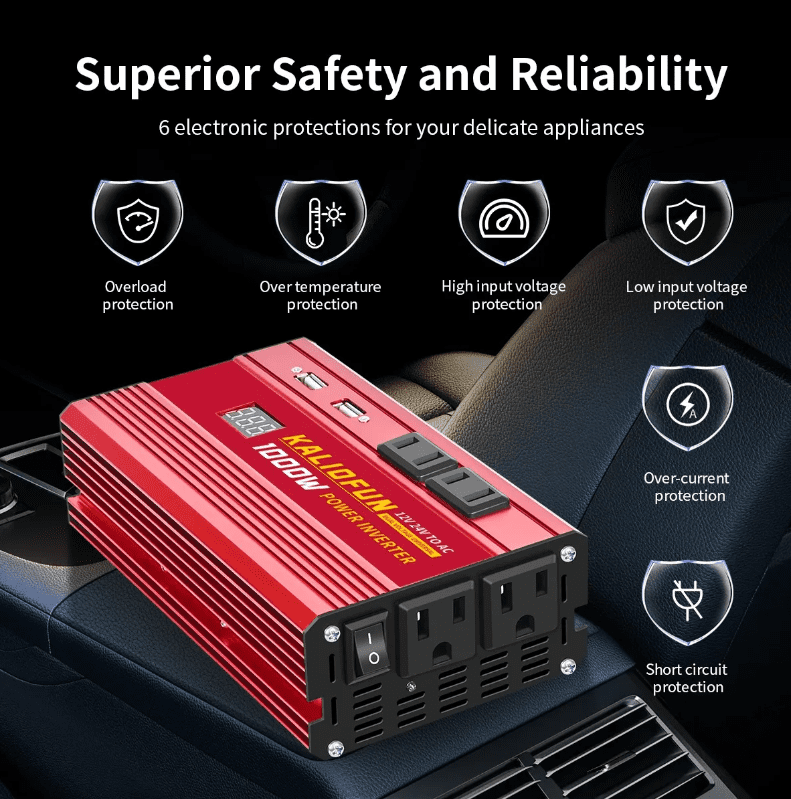 Power Inverter 1000W - 12V/24V Universal Voltage, 110V Output , with LED Display, Red Aluminum Alloy Case