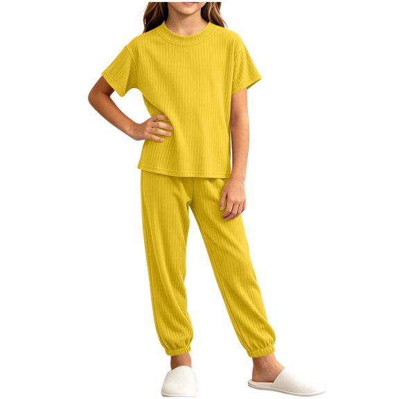 SERTGUTR Girls' Set Short Sleeve Ribbed Crew Neck Top Jogger Pants Elastic Waist Cuffed Ankle Soft Breathable 2 Piece Casual Homewear