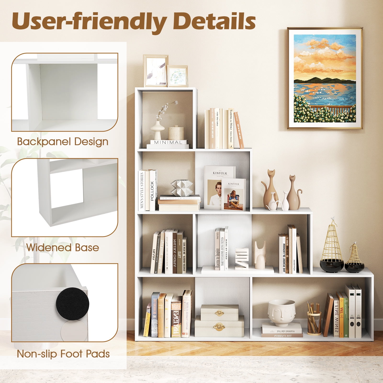 Giantex 4-Tier Stepped Bookshelf, Freestanding Ladder Storage Shelf w/ 6 Cubes, Modern Display Rack, White