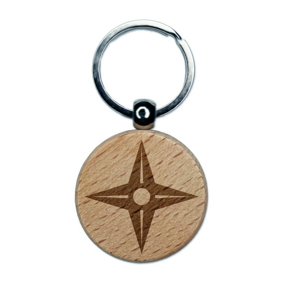 Four Point Ninja Star Round Keychain Charm Tag - Engraved Wood
