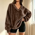 thumbnail image 3 of Resicozy Fuzzy Flannel Sweatshirt for Women Fluffy Pullover Sweaters Long Sleeve Oversized V Neck Sweatshirt Brown 2XL, 3 of 9