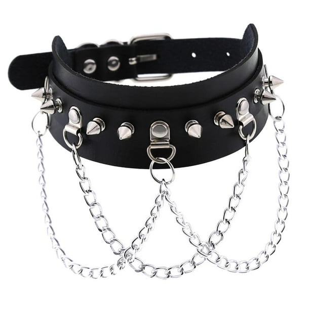 Gargantilla gótica de cuero sintético para mujer, collar de cadena de metal con pinchos, joyería punk negra Negro
