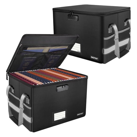 ENGPOW File Box with Lock,Fireproof Document Box with Zipper&Pockets,Collapsible File Organizer Filing Storage Cabinet with Handle,Portable Home