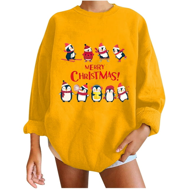 Pompotops Automne et Hiver Femmes Pull Imprimé de Noël Col Rond Manches Longues Blouse Unie Hauts Chandails en Molleton