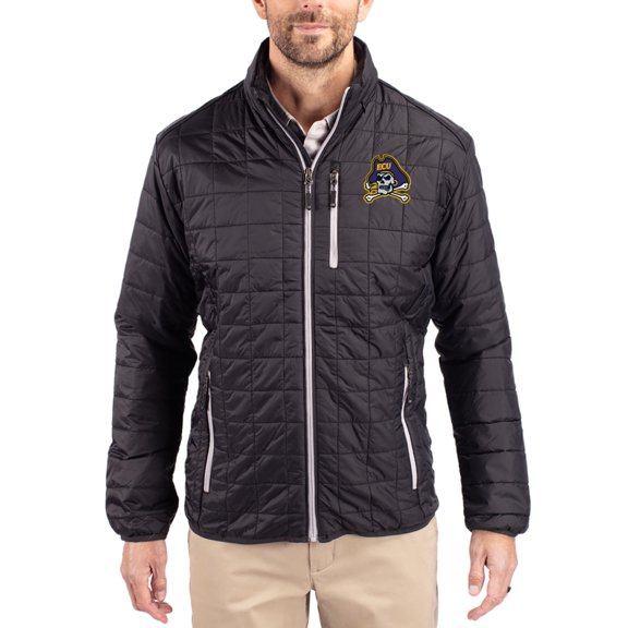 Men's-Cutter & Buck  Black ECU Pirates Rainier Eco Insulated PrimaLoft Full-Zip Puffer Jacket