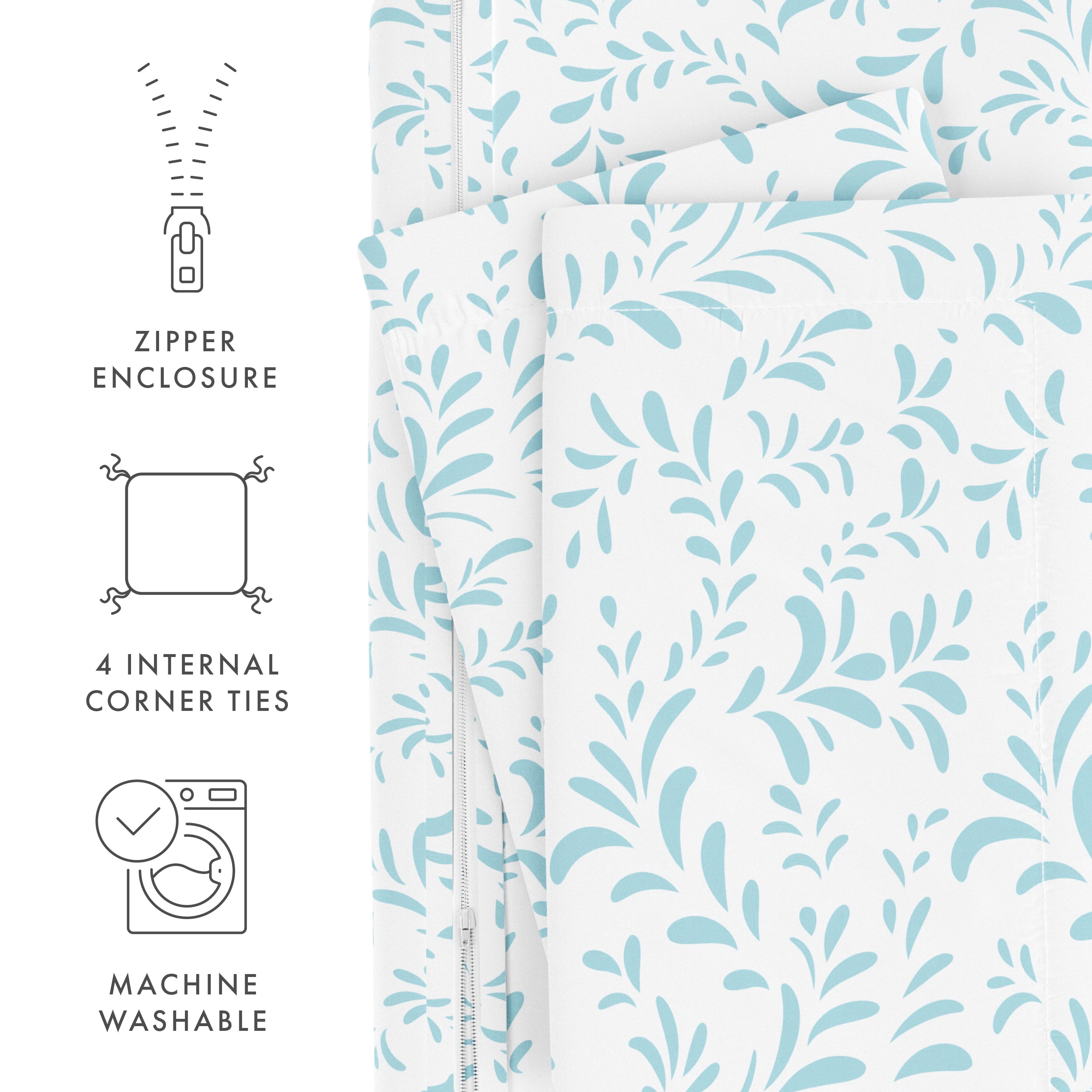 Noble Linens Light Blue Burst of Vines Print 3-Piece Duvet Cover Set, King/Calking