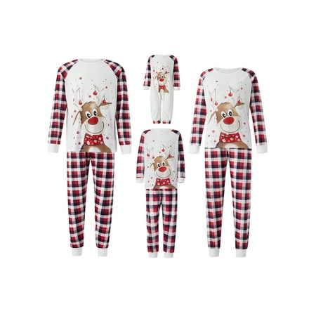 

Christmas Family Pajamas with Cartoon Elk Plaid Print Crew Neck Ribbed Cuffs Holiday Clothing for Family Womens Mens Kids