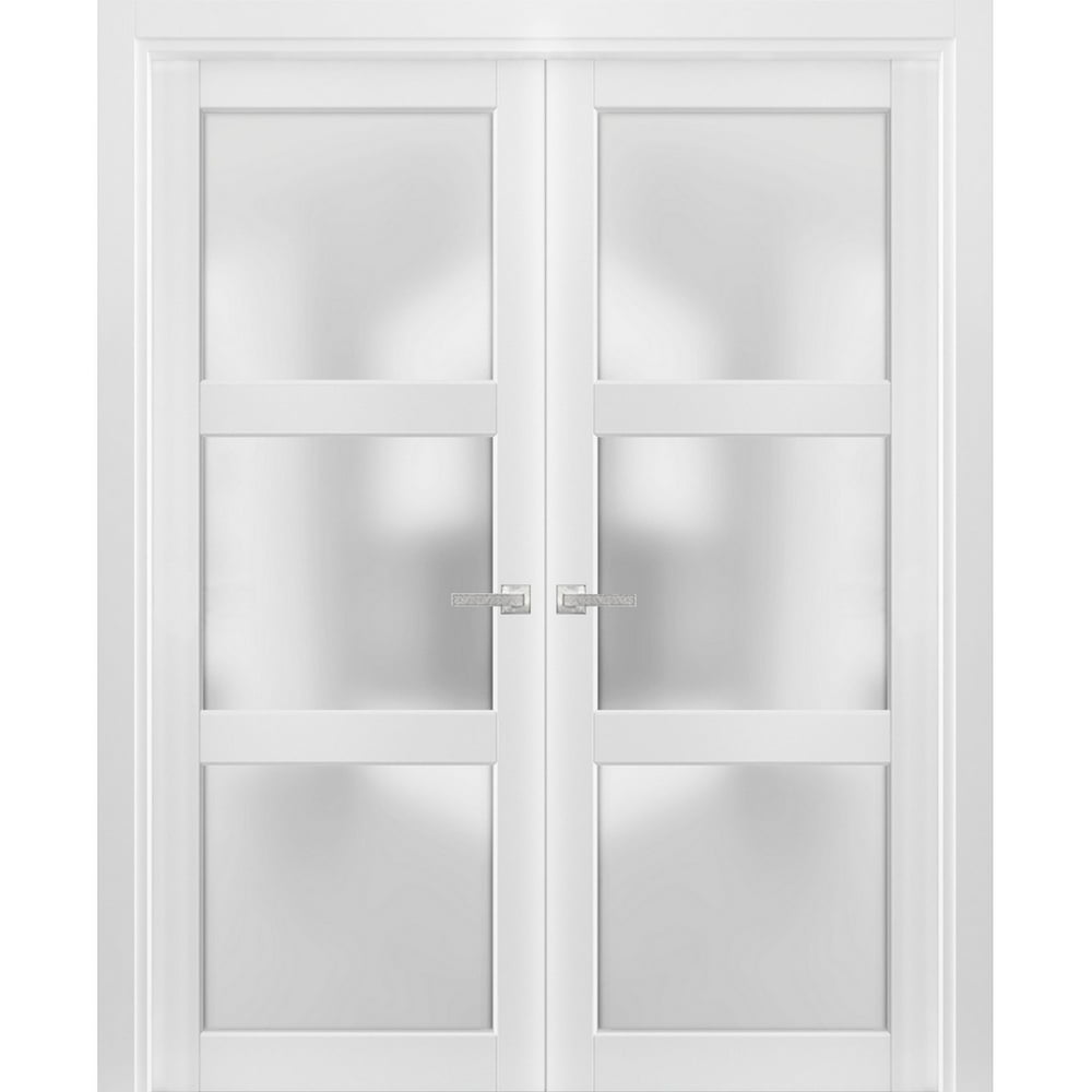 Solid French Double Doors 64 x 80 inches Frosted Glass 3 Lites | Lucia ...