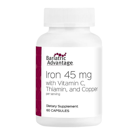 Bariatric Advantage Iron Capsules - Iron 45 mg Dosage - With Vitamin C, Thiamin & Copper - For Gastric Bypass - 100% Recommended DV of Iron - 60 Capsules