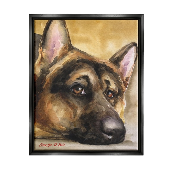 Stupell Industries German Shepherd Dog Sympathetic Gazing Animal Portrait Painting Jet Black Floating Framed Canvas Print Wall Art, Design by George Dyachenko
