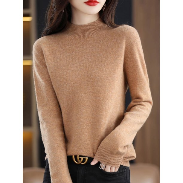 Suéter de cuello alto medio para mujer, suéter de cachemira suelto de punto de otoño e invierno de pura lana