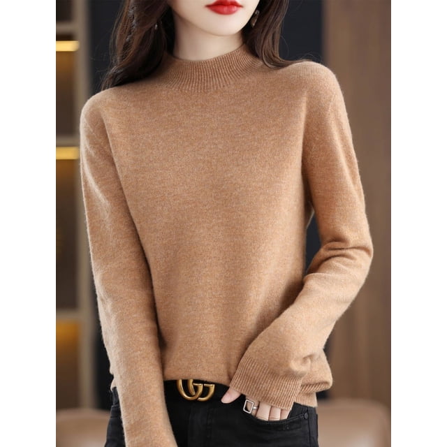 Suéter de cuello alto medio para mujer, suéter de cachemira suelto de punto de otoño e invierno de pura lana