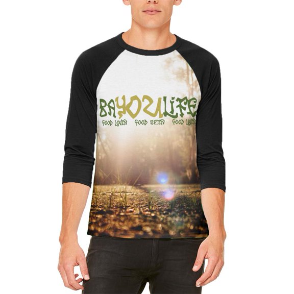 Bayou Life Swamp Sunrise Cajun Louisiana Mens Raglan T Shirt White-Black MD