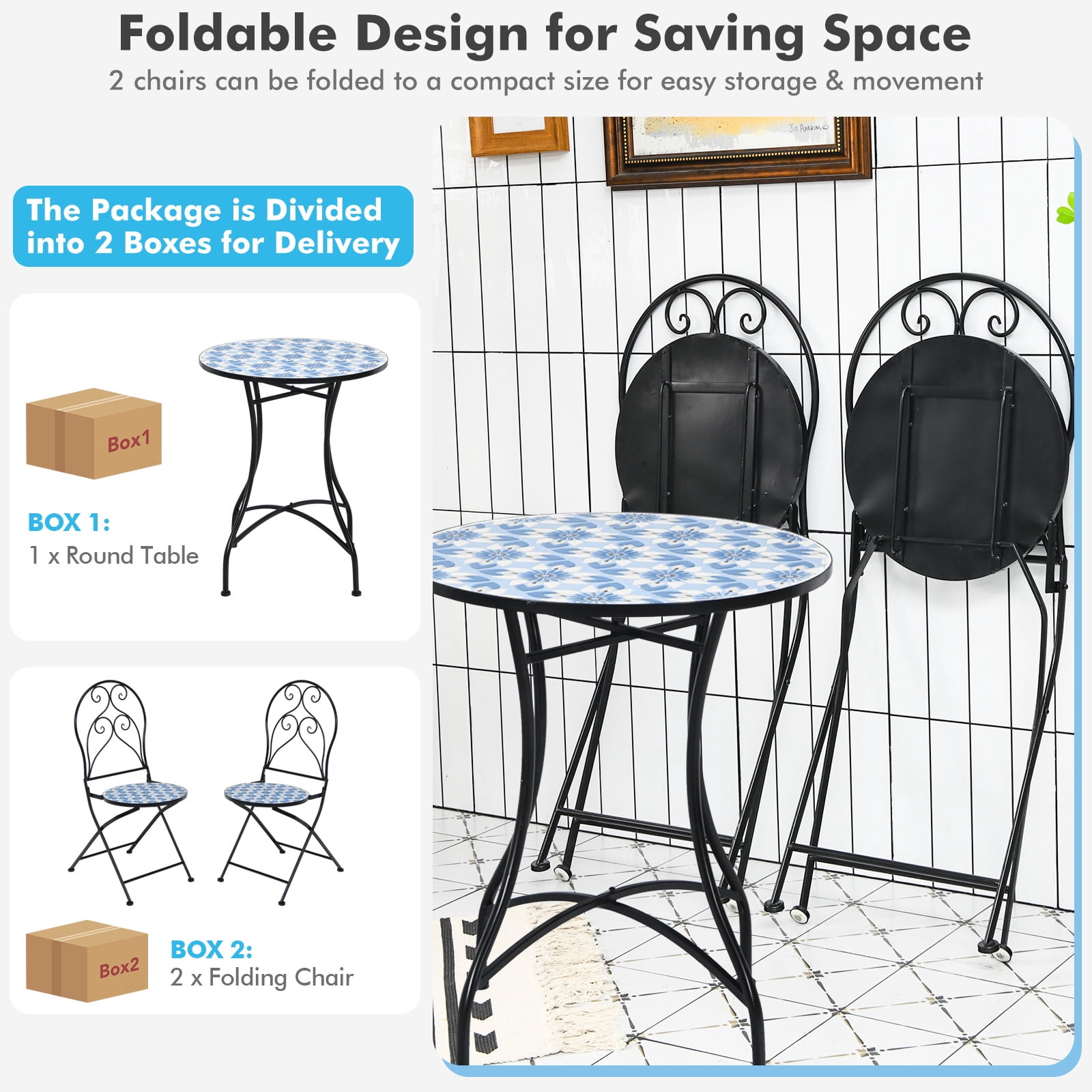 Patiojoy 2PCS Outdoor Mosaic Folding Bistro Chairs Patio Chairs with Ceramic Tiles Seat and Exquisite Floral Pattern Blue Seat