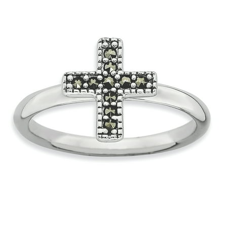- 925 Sterling Silver Marcasite Cross Religious Band Ring Size 8.00 Stackable Gemstone Fine Jewelry Ideal Gifts For Women Gift Set From Heart