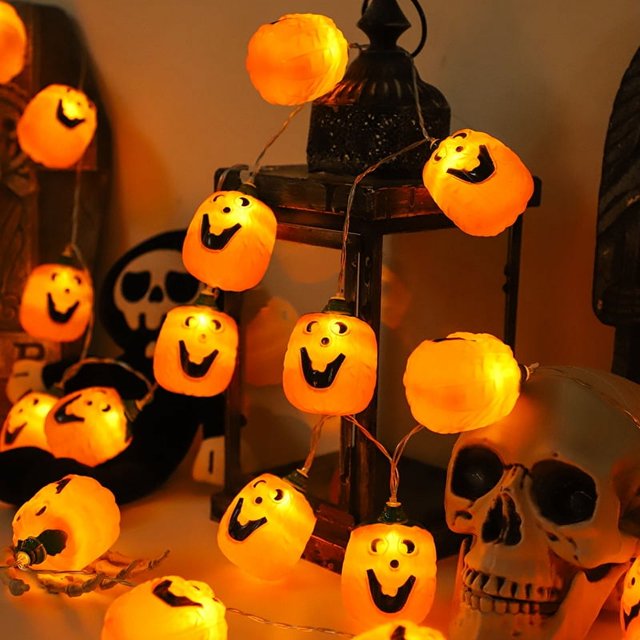 Cadena de luces con forma de calavera y fantasma, caja de batería, luz decorativa de terror, cadena de luces de calabaza de Halloween