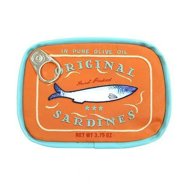 Bolsa de maquillaje con diseño de sardinas enlatadas, cierre de cremallera, exquisitos patrones de bordado, neceser portátil de viaje, organizador de cosméticos.