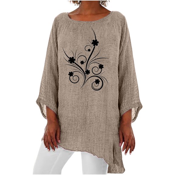 Wycnly Womens Shirts Fashion Irregular Loose Fit Cotton Linen Pullover Tops Summer 3/4 Sleeve Crewneck Ladies Floral Print Tops and Blouses Khaki l