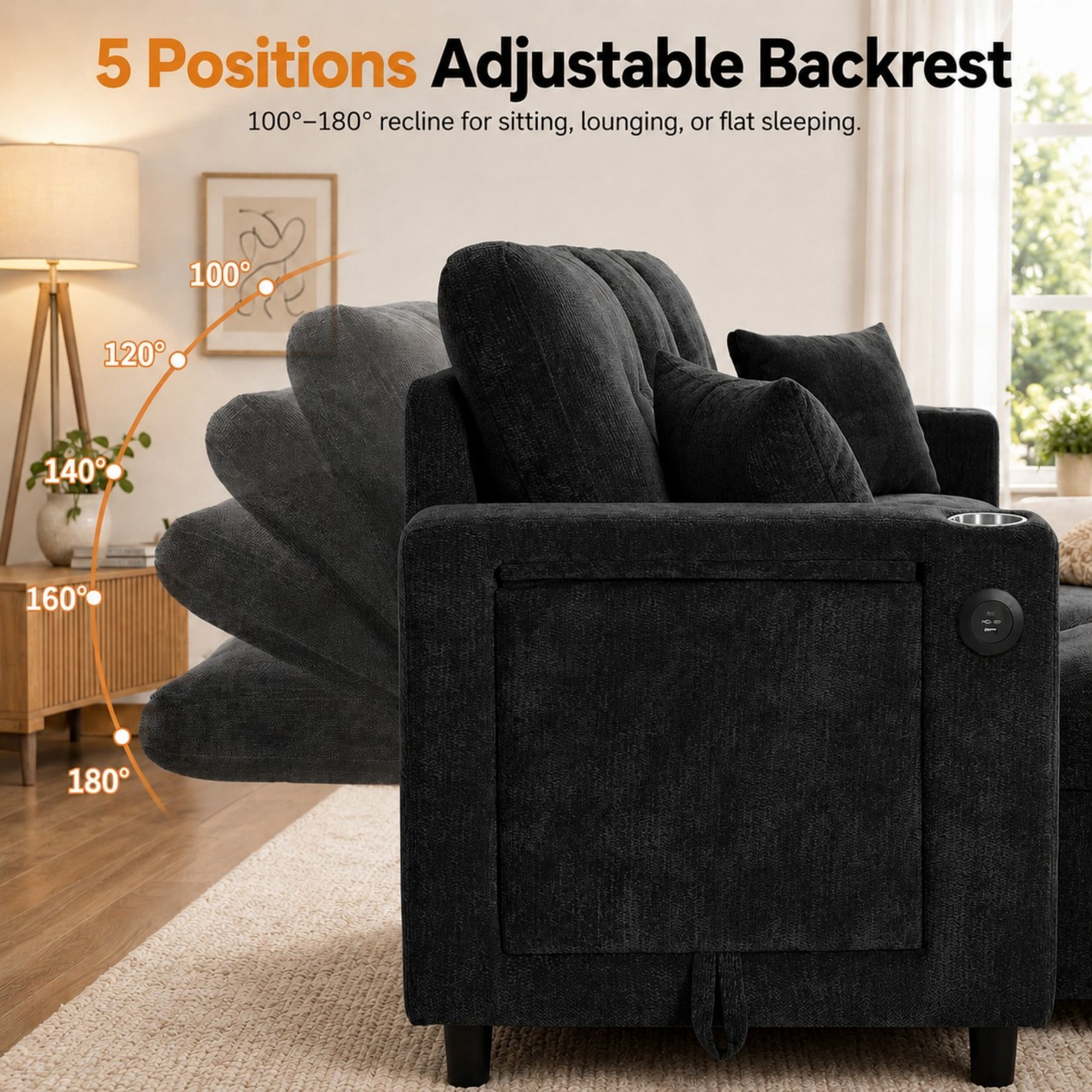 DEALTOPS 108" Chenille U-Shaped Sectional Pull Out Sleeper Sofa Bed with Storage Chaise, USB & Tray Table, Black