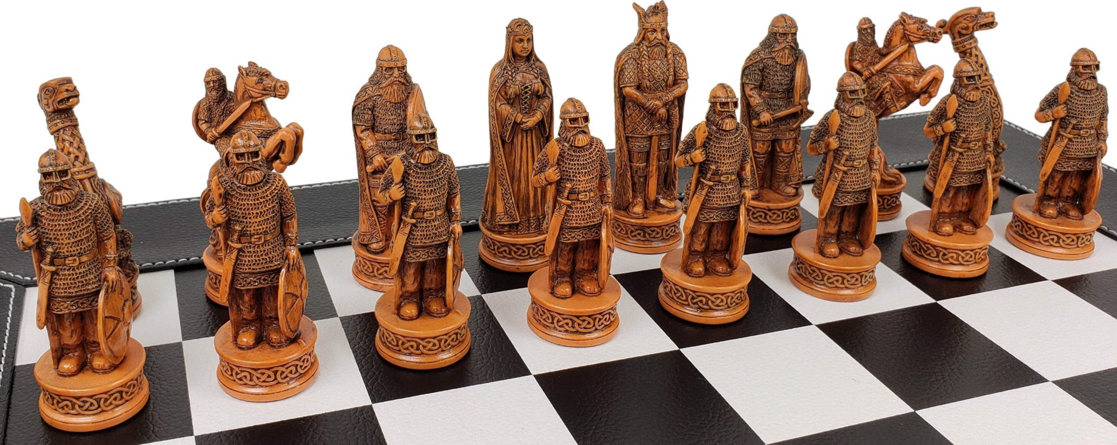 Antique White  Brown Norse Viking Chess Set 18" Black White Faux Leather Board