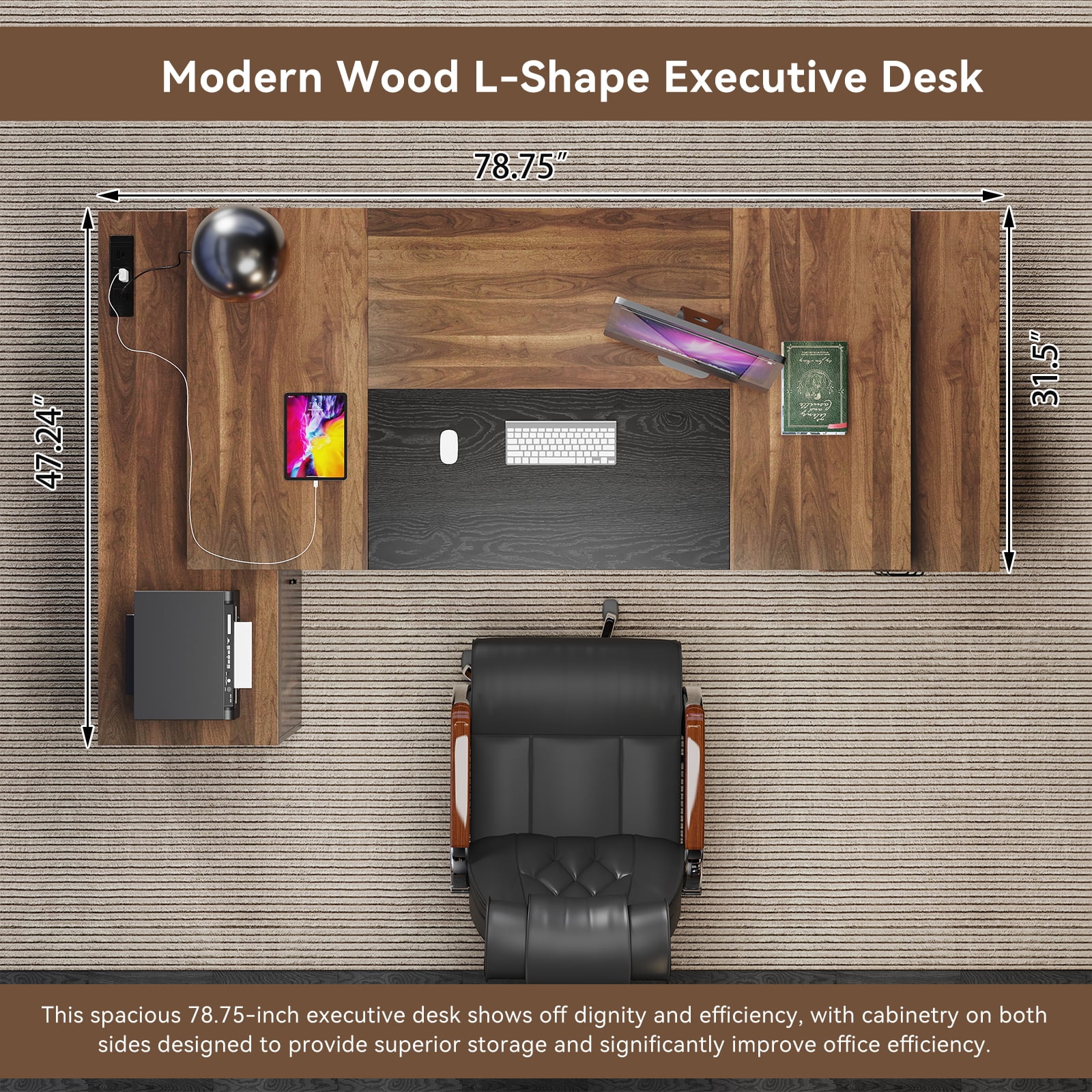 L-Shaped Executive Desk with Drawers, 78-Inch Large Office Desk with Power Outlet and Lateral File Cabinet, Modern Computer Table with Open Shelf and Storage Cabinet for Home, Brown Black