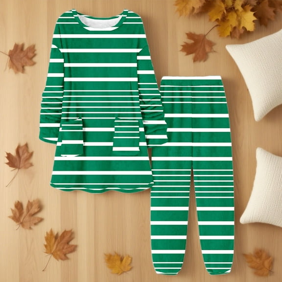 Mifsaly Flannel Pajama Sets for Women 2 Piece Striped Oversized Matching Outfits Homewear Long Sleeve Crewneck Warm Sleepwear Pullover with Pockets Soft Cozy Thermal High Waist Pants