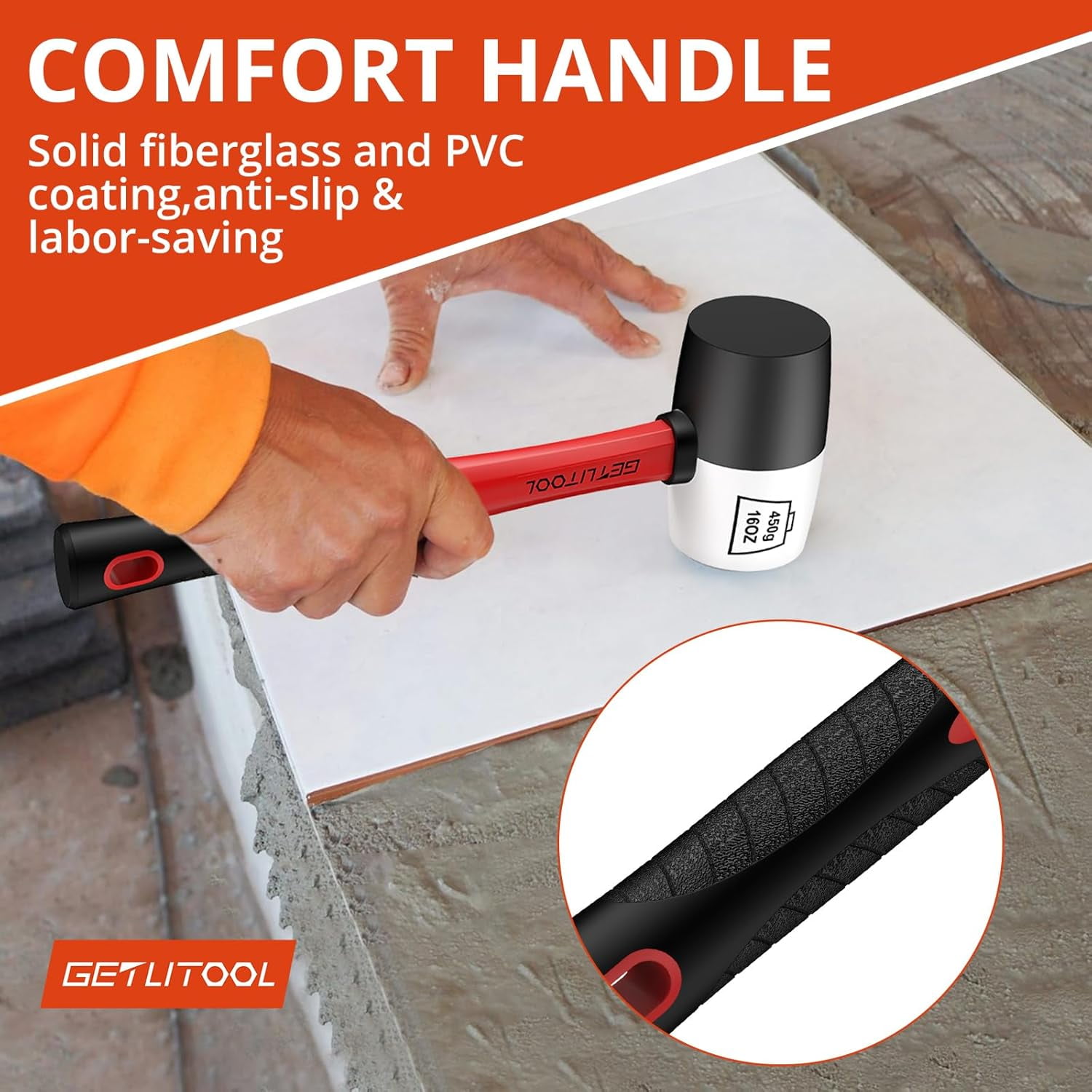 GETLITOOL Rubber Mallet Black/White 16oz, Non-Marking Rubber Mallet Hammer ⌀=55mm with Two Sides, Rubber Hammer with Non-Slip Fiberglass Handle for Camping, Flooring/Tiles Install, Woodworking