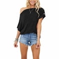 thumbnail image 2 of Camiseta de un solo hombro para mujer, blusa informal de moda con botones decorados en color puro para el trabajo, citas, color negro, talla 2XL, 2 of 12