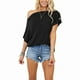thumbnail image 2 of Camiseta de un solo hombro para mujer, blusa informal de moda con botones decorados en color puro para el trabajo, citas, color negro, talla 2XL, 2 of 12