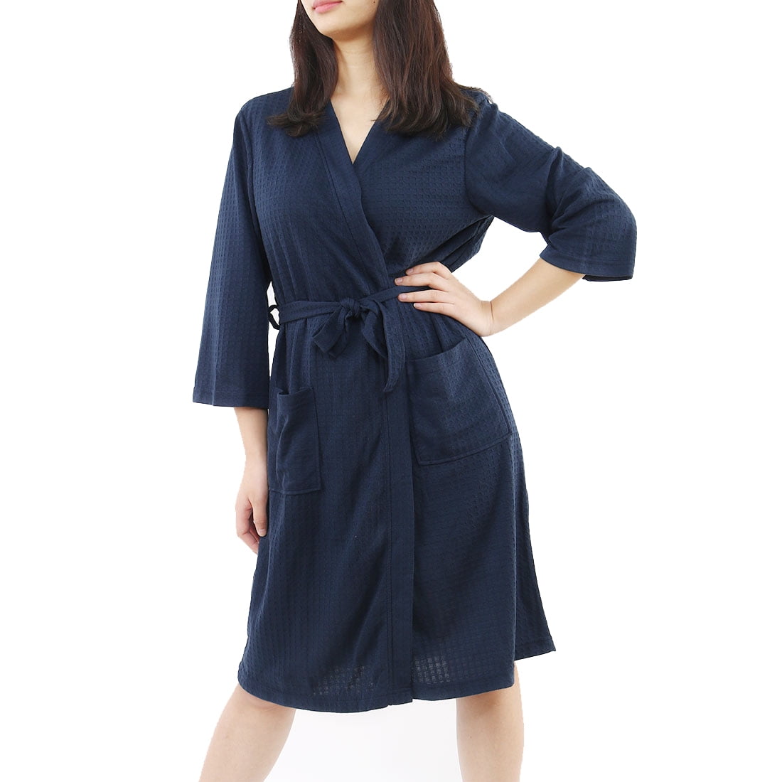 Women's Knee Length Waffle Weave Kimono Bathrobe Short Spa Robes