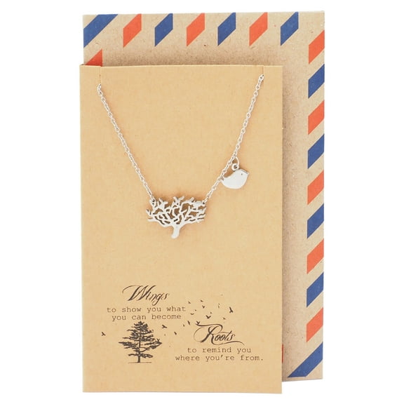 Quan Jewelry Family Tree Necklace with Bird Charm Pendant and Quotes Greeting Card - Silver tone