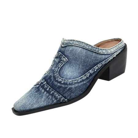 

Krdevn Women s Denim Slides Casual Jean Cloth Flat Mules Open Toe Wedge Slippers Platform Clogs Non- Boho Sandals Close Pointed Toe Heels Backless -On Loafers Walking Flip Flops Blue 8.5